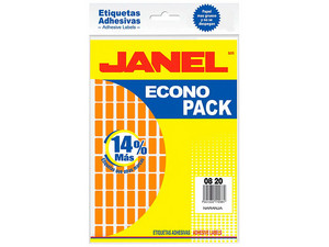 Etiquetas Adhesivas JANEL ECONOPACK, No.4, 8x20mm, Sobre con 1008 etiquetas, Fluorescente, Color Naranja.