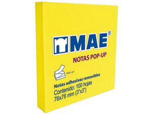 Notas Adhesivas MAE Pop-Up, 3" x 3", Paquete con 12 piezas de 100 hojas c/u. Color Amarillo Neón.