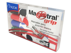 Paquete de Marcadores Azor Magistral Grip para Pizarrón Blanco, 4 piezas, Colores Surtidos.