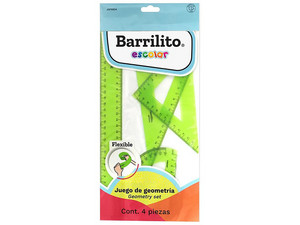 Juego de Geometría Barrilito JGF8804, Regla 30 cm, Escuadras 45° y 30°/60°, Transportador 180°.