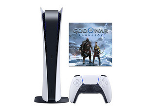 Consola PlayStation 5 Edición Digital de 825GB, Incluye Código de Descarga para juego God of War Ragnarok, Color Blanco. Caja abierta, producto con desgaste y uso visible.