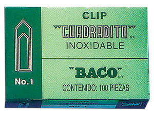 Clip Cuadrito Baco No. 1, Niquelado. Caja Plegadiza con 100 Clips, Fabricado en Níquel.