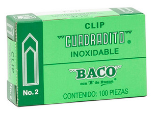 Clip Cuadrito Baco No. 2, Niquelado. Caja Plegadiza con 100 Clips, Fabricado en Níquel.