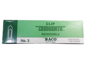Caja de Clips Cuadrito Baco 7501174912081 Niquelados con 1000 piezas. Color Níquel.