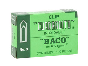 Clip Baco Cuadradito No.3, 10 Cajitas de 100 Piezas (1000 total), Acabado Niquelado.