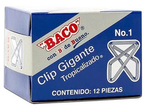 Clip Baco Gigante #1, Zincado, Caja con 12 Clips. Fabricado en Zinc, Color Plata, Ancho de 46 mm.