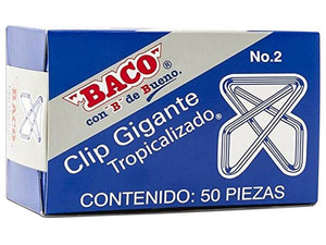 Clip Baco Gigante #2, acabado zincado, caja con 50 piezas, ideal para organización de documentos.