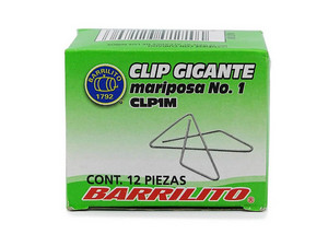 Clip Gigante Mariposa Barrilito No. 1, Caja con 12 Piezas. Color Metálico.