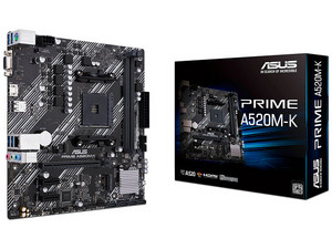 T. Madre ASUS PRIME A520M-K, Chipset AMD A520,
 Soporta: AMD Ryzen 3ra, 4ta y 5ta Generación, Socket AM4,
Memoria: DDR4 4600/3866/2133 MHz, 64GB Max,
Integrado: Audio HD, Red, USB 3.0,
SATA 3.0, M.2,
Micro-ATX, Ptos: PCIE 3.0 x16, PCIE 3.0 x1.