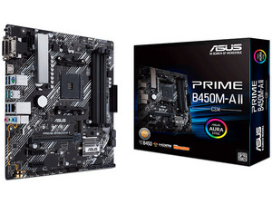 T. Madre ASUS PRIME B450M-A II: Chipset AMD B450, 
Soporta: AMD Ryzen 3ra, 4ta y 5ta Generación, 
Memoria: DDR4 4400/3000/2133 MHz, 128GB Max, 
Integrado: Audio HD, Red, USB 3.0, SATA 3.0, M.2, 
MicroATX, Ptos: 1xPCIEx16, 2xPCIEx1.