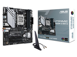 T. Madre Asus PRIME B650M-A WIFI II:
Chipset AMD B650,
Soporta: Procesadores AMD serie 7000, Socket AM5,
Memoria: DDR5  6400+(OC)/5600/4800 MHz, 128Gb Max,
Integrado: Audio HD, Red 2.5GbE, USB 3.2, SATA 3.0, M.2, mATX,
Ptos: 1xPCIE4.0x16, 2xPCIEx1.