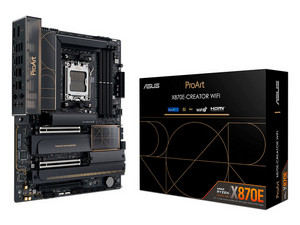 T. Madre ASUS ProArt X870E-Creator WiFi:
Chipset AMD X870E, 
Segmento: Alto/Gamer,
Soporta AMD 8000 y 9000 Series, Socket AM5, 
RAM: DDR5 8000MHz/7200HMz/6400MHz, Máx 192GB, 
Audio HD, Red, USB y SATA 3.0, M.2, ATX, 
Ptos: 1xPCIe5.0x16, 2xPCIe4.0x16