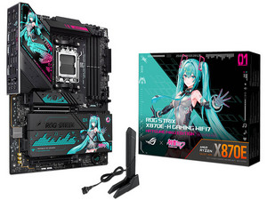 T. Madre Asus ROG STRIX X870E-H Gaming Hatsune Miku, 
Segmento: Alto/Gamer,
Chipset AMD X870,
Soporta: Procesadores AMD Serie 9000, 8000 y 7000, Socket AM5,
Memoria: DDR5 8000+MT/s, 256GB Max,
Integrado: Wi-Fi 7, USB-C, M.2, 
ATX, Ptos: 1xPCIE5.0x16