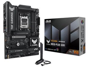 T. Madre ASUS TUF GAMING B850-PLUS WIFI:
Chipset AMD B850,
Segmento: Alto/Gamer,
Soporta: AMD Ryzen 9000, 8000 y 7000 Series, 
Memoria: DDR5 hasta 8000MHz, 198GB Máx, 
Integrado: Audio HD, Red, USB 3.0, M.2, 
ATX, Ptos: 1xPCIE5.0x16, 1xPCIE4.0x1.