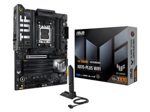 T. Madre ASUS TUF GAMING X870-PLUS WIFI:
Chipset AMD X870, 
Segmento: Alto/Gamer,
Soporta: AMD Ryzen 7ma, 8va y 9na Generación, Socket AM5, 
RAM: DDR5 8000/6800/4800MHz, Max 192GB, 
AudioHD, Red, USB 3.2, SATA, M.2, 
ATX, 1xPCIE5.0x16, 1xPCIE4.0x16