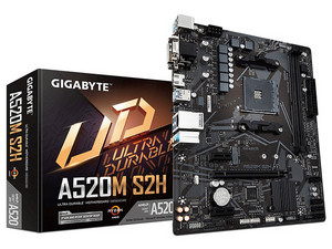 T. Madre Gigabyte A520M S2H (rev. 1.0): 
Chipset AMD A520,
Segmento: Básico,
Soporta: AMD Ryzen 3ra, 4ta y 5ta Generación, Socket AM4,
RAM: DDR4 5000/3600/2133 MHz, 64GB Máx,
Integrado: Audio HD, Red,
SATA 3.0, M.2,
M-ATX, Ptos: 2xPCIEx1, 1xPCIEx16