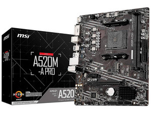 T. Madre MSI A520M-A PRO,
Chipset AMD A520,
Segmento: Básico,
Soporta: AMD Ryzen 3ra, 4ta y 5ta Generación, Socket AM4,
RAM: DDR4 4600+/ 3200/ 2133 MHz, 64GB Max,
Integrado: Audio HD, Red, USB 3.0, SATA 3.0, M.2,
Micro-ATX, Ptos: 1xPCIEx16 3.0 (Caj