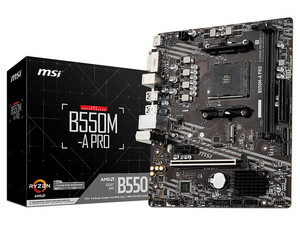 T. Madre MSI B550M-A PRO, 
ChipSet AMD B550,
Segmento: Medio,
Soporta: AMD Ryzen 3ra 4ta 5ta Generación, Socket AM4,
RAM: DDR4 4600+ / 3000 / 2133 MHz, 64GB Max,
Audio HD, Red, USB 3.2 y SATA 3.0, M.2,
Micro-ATX, Ptos: 1xPCIEx16, 1xPCIEx1.