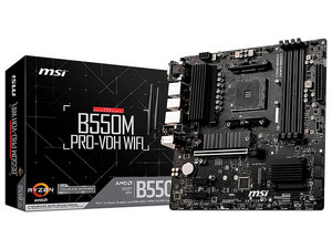 T. Madre MSI B550M PRO VDH WIFI, Chipset AMD B550,
Soporta: AMD Ryzen 2nda y 3era Generación, Socket AM4,
Memoria: DDR4 2133/ 3000/ 3200Mhz, 128GB Max,
Integrado: Audio HD, Red, Wi-Fi 5
USB 3.1, SATA 3.0,
M-ATX, Ptos: 1xPCIE 4.0x16, 2xPCIE 2.0x1.