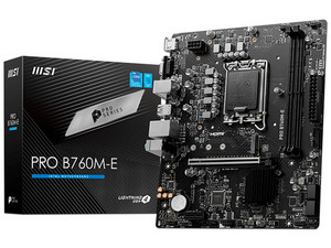 T. Madre MSI PRO B760M-E, 
Chipset Intel B760,
Segmento: Alto,
Soporta: Intel 12va, 13va y 14va Generación, Socket 1700,
RAM: DDR5 6400/5800/4800MHz, 128GB Max,
Integrado: AudioHD, Red, USB 3.2, SATA 3.0, M.2,
Micro-ATX, Ptos: 1xPCIE4.0x16, 1xPCIE3