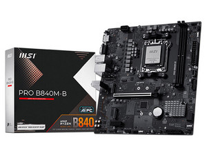 T. Madre MSI PRO B840M-B, 
Chipset AMD B840,
Segmento: Alto, 
Soporta: Procesador AMD Ryzen 7ma, 8va y 9na Generación, Socket AM5, 
RAM: DDR5 6800/4800 MHz, 128GB Max, 
Audio HD, Red, USB, SATA 3.0, M.2, 
Micro-ATX, Ptos: PCIe 4.0 x16.