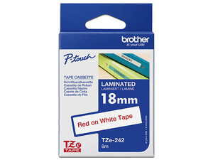 Cinta Laminada Brother TZE242G, Texto Rojo sobre cinta blanca, Tamaño de 18mm x 8m.
