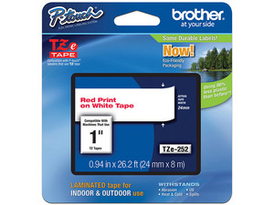 Cinta de impresión Brother rojo sobre blanco de 24mm x 8m, Modelo: TZE252.