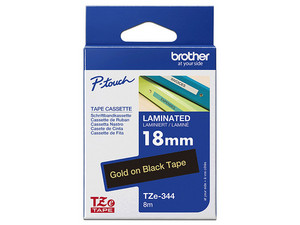 Cinta Laminada Brother TZE344G, Texto Dorado Sobre Cinta Negra, Tamaño de 18mm x 8m.