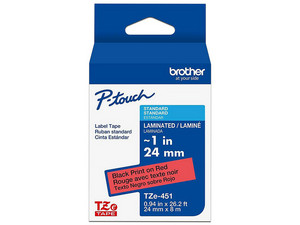 Cinta de impresión Laminada Brother, Negro sobre Rojo, 24mm x 8m, Modelo: TZE451G.