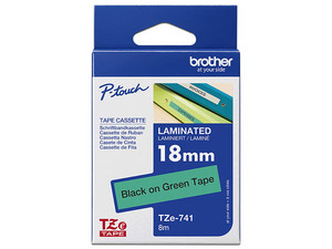 Cinta Rotulador Brother TZE741G, Laminada de 18 mm, Poliéster Texto Negro sobre Verde.