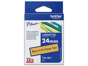 Cinta de impresión Laminada Brother, Negro sobre Naranja Fluorescente, Modelo: TZEB51G.