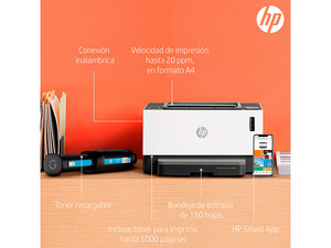 Impresora Monocromática HP Neverstop Láser 1000w con Sistema de Tanque de  Tóner, hasta 21 ppm, 600x600ppp, Wi-Fi, USB.