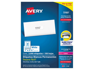 Paquete de etiquetas Avery 5160 con 3000 etiquetas blancas de 2.5 x 6.7cm.