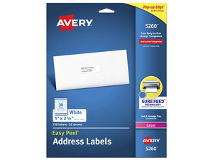 Paquete de etiquetas Avery 5260 con 750 etiquetas de 1" x 2 5/8". Color Blanco.