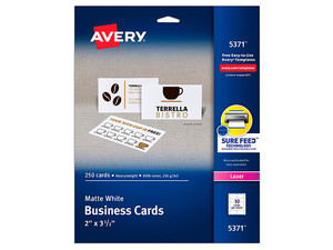 Tarjetas de presentación Avery 5371 de 5.1 x 8.9cm, formato carta, color blanco. Paquete con 250 piezas.