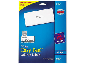 Paquete de etiquetas Avery 8160 con 750 Etiquetas de 1" x 2 5/8". Color Blanco.