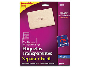 Paquete de etiquetas Avery 8660 de 1" x 2 5/8" con 750 Etiquetas. Transparente.