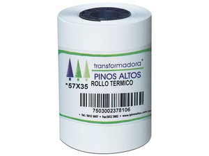 Paquete de Rollos de papel térmico Pinos altos, 57mm x 35m,  caja con 300 Rollos. Color blanco.