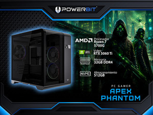 PC Gamer Powerbit Apex Phantom:
Procesador AMD Ryzen 7 5700G (hasta 4.6 GHz),
Memoria de 32GB DDR4,
SSD de 512GB,
Video NVIDIA GeForce RTX 5060 TI,
750W 80 Plus Gold,
Wi-Fi, 
S.O. Windows 11 Home (Versión de Prueba),
Incluye 3 Ventiladores RGB.