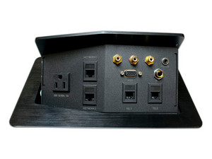 Panel de Conectores Redleaf PT501 Para Escritorio, 1 Contacto AC, 3 Puertos RCA, VGA, 4 Puertos RJ-45 y Audio 3.5mm, Color Negro.