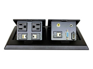 Panel de Conectores Redleaf PT764B Para Escritorio, 2 Contacto de Poder, HDMI, VGA, 3 Puertos RJ-45, RCA y Conector de Audio, Color Negro.