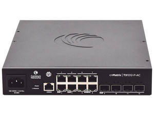 Switch Cambium Networks cnMatrix WISP TX1012-DC-P de 8 puertos PoE 10/100/1000 Mbps, 4 SFP+, Capa 2, Gestión gratuita desde la nube, Color Negro.