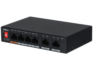 Switch Dahua DH-PFS3006-4ET-60 con 4 puertos Ethernet PoE y 2 puertos Ethernet uplink, 60W.