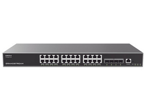 Switch Capa 3 administrable con 24 puertos 10/100/1000 Mbps, 4 puertos SFP Uplink, hasta 360W, compatible con GWN Cloud.