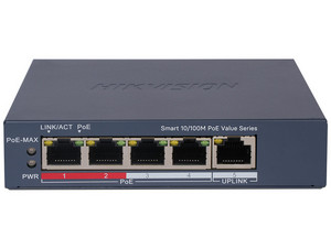 Switch Monitoreable Hikvision DS-3E1105P-EI/M de 4 Puertos 10/100 Mbps PoE+ y 1 Puerto RJ45 10/100 Mbps Uplink, PoE Hasta 300 Metros.