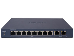Switch Hikvision DS-3E1510P-EI/M de 8 puertos Gigabit PoE+, 2 puertos 1000 Mbps uplink.