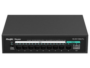 Switch Ruijie RG-ES110GS-P-L de 8 Puertos PoE+ 10/100/1000BASE-T, 1 Puertos 10/100/1000BASE-T, 1 Puerto 1000BASE-X SFP, Protección Eléctrica de 4KW, Monitoreo en la nube.