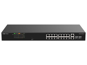 Switch Ruijie RG-ES118FGS-LP de 16 Puertos PoE+ 10/100BASE-T PoE+, 2 Puertos 10/100/1000BASE-T, 2 Puertos Uplinks Gigabit, Protección Eléctrica de 4KW, Carcasa Metálica.