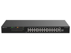 Switch Ruijie RG-ES126FGS-LP de 24 Puertos PoE+ 10/100BASE-T, 2 Puertos 10/100/1000BASE-T, 1 Puerto Combo, Protección Eléctrica de 4KW, Ideal Para CCTV.