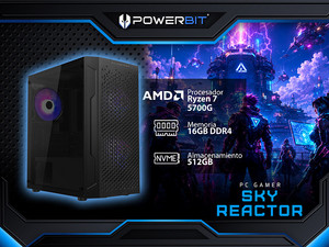 PC Gamer Powerbit Sky Reactor: 
Procesador AMD Ryzen 7 5700G (hasta 4.6 GHz),
Memoria de 16GB DDR4, 
SSD de 512GB, 
Video Radeon Graphics, 
S.O. Windows 11 Home (Versión de Prueba),
Incluye 3 Ventiladores RGB.